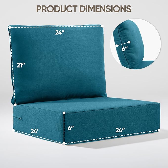 6" Thick Outdoor Cushion, 24*24*6" Patio Furniture Cushions with Waterproof Patio Furniture Cushions with Removable Cover, 28D High Density Patio Cushion for Outdoor Furniture, Green-6pcs