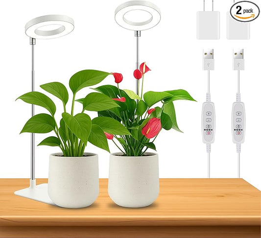 Dual-Use Ring Grow Light for Plants, Full Spectrum LED Plant Light with 4/8/12/18H Auto Timer, 5-Level Dimmable, Adjustable Height 7-17.6 Inches for Indoor Plants, Succulents, Greenhouse 2 Pack