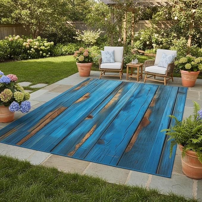 Retro Blue Woodern Board Printed 2x6 Outdoor Rugs for Patio Deck Backyard Porch Garden Modern Natural Rustic Wood Grain Non Slip Thin Indoor Outdoor Area Rug Floor Carpet Waterproof Camping Mats