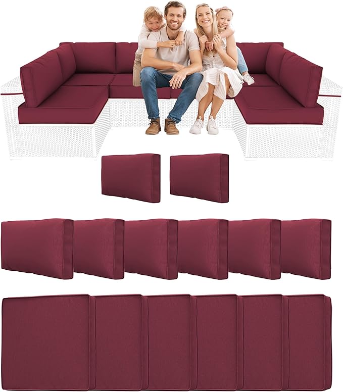 14 Piece Outdoor Sectional Cushions, Water-Resistant Outdoor Sofa Cushions Replacement, 4" High Density Foam Patio Furniture Cushions Fits 6-seat Rattan Conversation Set (Wine Red)