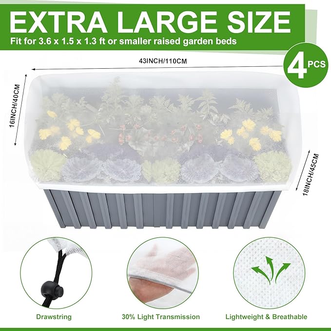 VitalCozy 4 Pcs Plant Covers Freeze Protection, 3.6 x 1.5 x 1.3 ft Rectangle Raised Garden Bed Covers with Drawstring, 2.1oz/yd² Large Garden Box Frost Blanket Cloth Reusable for Winter Outdoor Plants