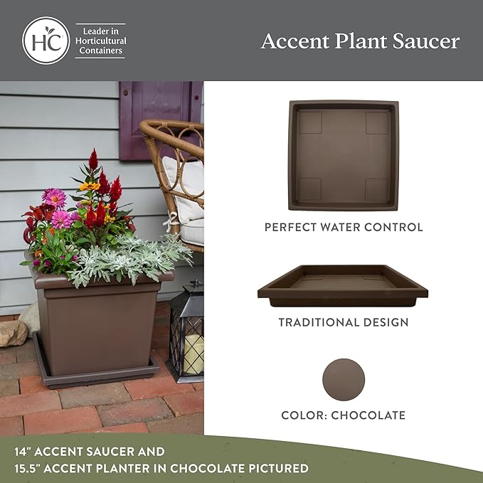 The HC Companies 11 Inch Accent Square Plant Saucer, Lightweight UV-Resistant Plastic Outdoor & Indoor Flower Pot Tray, 2-Pack Plant Pot Trays for Garden & Home Decor, Chocolate