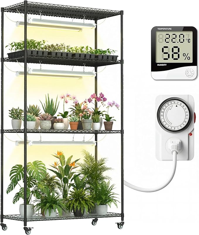 Plant Stand with Grow Lights, 4-Tier Plant Shelf, 6 Sets 3-Color LED Grow Light with Timer, Wide Plant Rack for Indoor Gardening, Seed Starting, Herbs & Flowers, 36" W x 14" D x 63" H