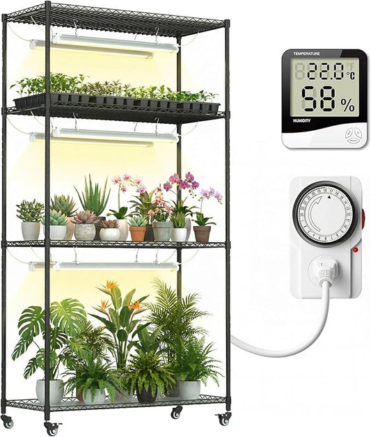 Plant Stand with Grow Lights, 4-Tier Plant Shelf, 6 Sets 3-Color LED Grow Light with Timer, Wide Plant Rack for Indoor Gardening, Seed Starting, Herbs & Flowers, 36" W x 14" D x 63" H