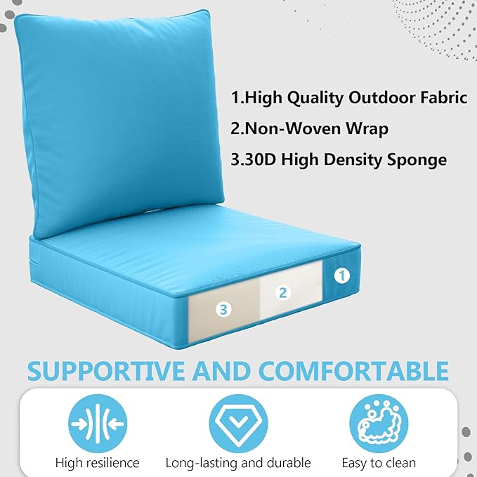 22" x 22" x 6" Outdoor Deep Seat Cushions - Waterproof & Fade Resistant Patio Furniture Replacement Cushions, Non-Slip Outdoor Cushions Fit Loveseats, Couches, Chairs, and Sofas