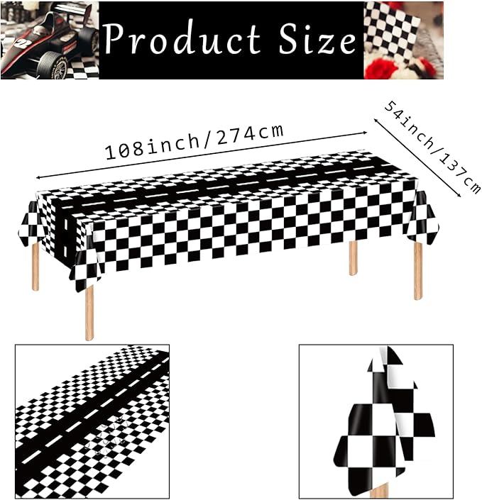3 Pieces Race Car Checkered Tablecloth - 54x108 Disposable Black and White Motor Racing Themed Plastic Table Cover for Birthday Decorations for Kids and Adults, Race Car Birthday Party Supplies