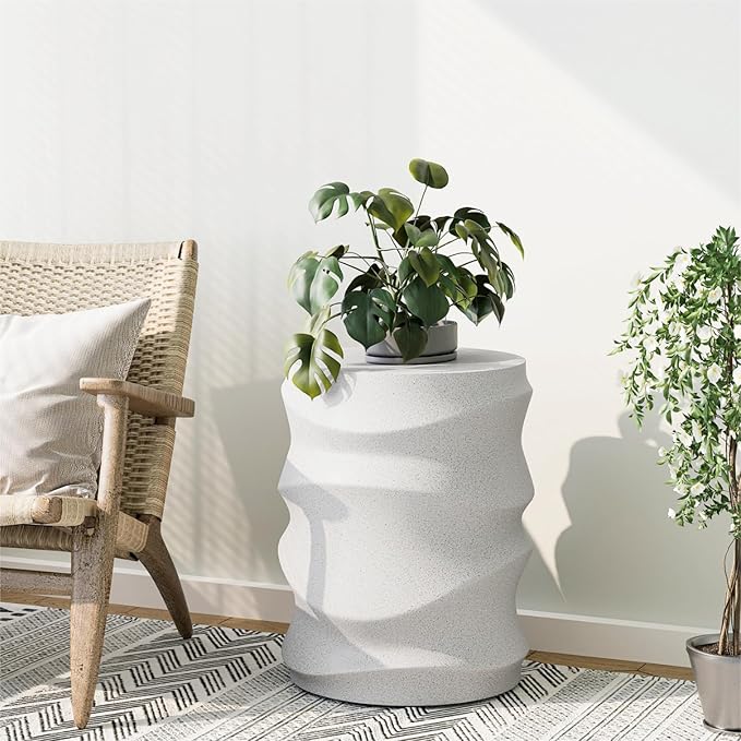 SUNBURY Outdoor Side Table, 18" H Concrete Accent End Table Streamlined, Small Round Cement Plant Stands Table, Decorative Garden Stools for Backyard, Spotted White