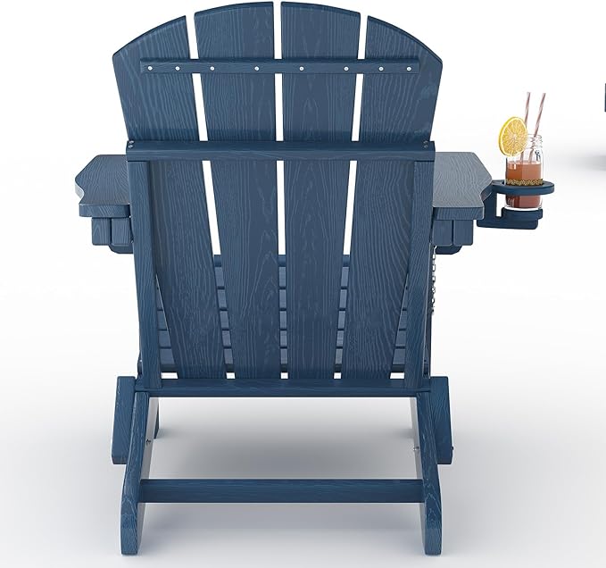 Folding Adirondack Chair Set of 2 with Ottoman, All-Weather HDPE Outdoor Chair, Wooden Textured with Cup Holder for patios, Decks, Gardens, fire pits, Navy Blue