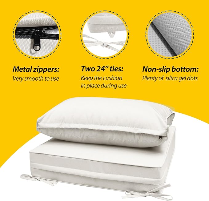AAAAAcessories Outdoor Seat Cushions for Chairs, Fade-Resistant, Waterproof Patio Furniture Replacement Cushions, 25.5" x 25.5" x 5" + 25.5" x 13.5", Set of 2, Creamy White