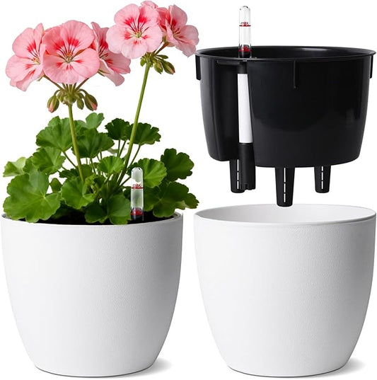 T4U Self Watering Pots for Indoor Plants, 7 Inch Self Watering Planters with Water Level Indicator, Bottom Watering African Violet Pots for Beginners & Busy Plant Owners, BPA-Free (2 Pack, White)