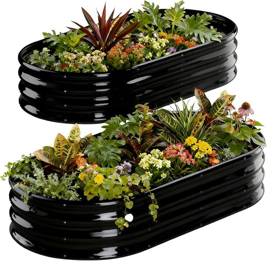 Raised Garden Bed Outdoor 2 Sets Oval Large Coating Metal Planter Box with No Heavy Metal for Vegetables, Flowers, Herbs