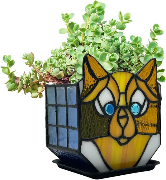 Stained Glass Yellow Cat Planter, Indoor Plant Tabletop Plant Display, Yellow Cat Small Plant Pot, Terrarium Decor, Decor Gift 4.6x3x5.15 in