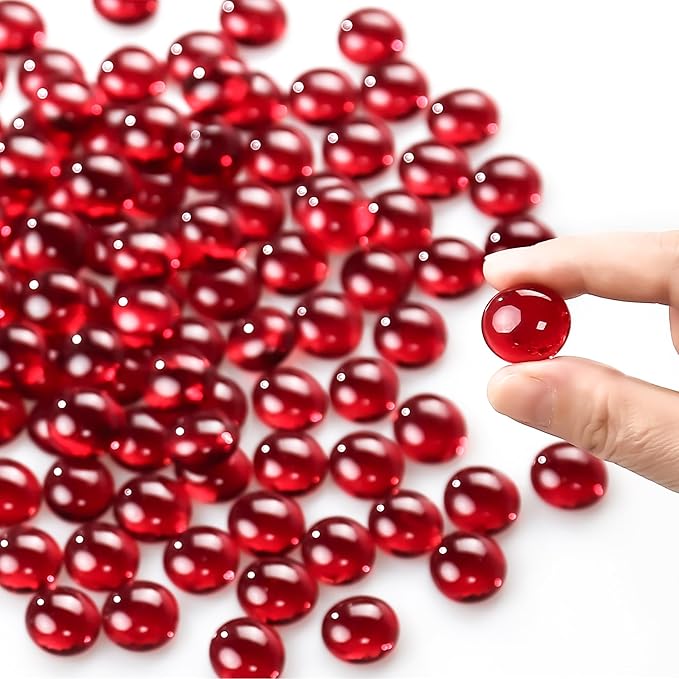 CYS EXCEL Red Glass Gemstone Beads Vase Fillers (2 LBS) Flat Marble Beads Multiple Color Choices Aquarium Decor Rocks Floral Stones Decorative Mosaic Glass Gem Pebbles