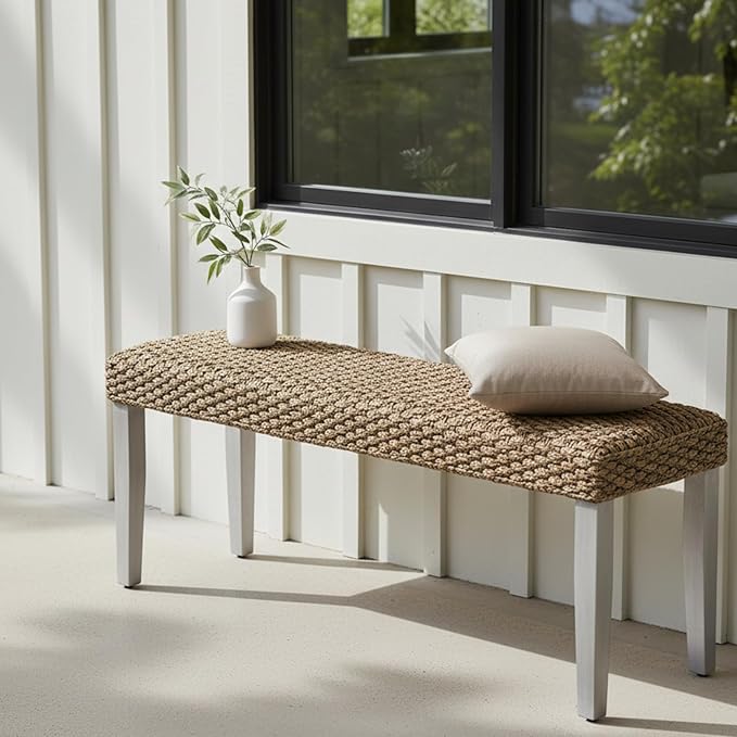 Solid Wood Acacia Bench with Natural Woven Seat, Boho Bench Entryway, Entry Bench Seat, Wood Bench for Living Room, Porch Lawn Garden Yard or Entryway (Grey Leg, Water Hyacinth)