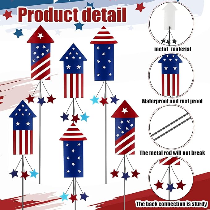 Pickmesh 6 Pcs 12" H Patriotic Metal Yard Sign Patriotic Fireworks Garden Stake 250th Anniversary USA Flag American Yard Sign for Memorial Day Outdoor Decor 4th of July Independence Day Decoration