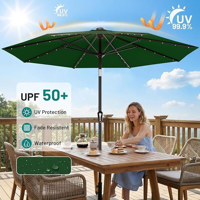 AreShark 9FT Patio Umbrella with Solar Lights, 32 LED Lighted Pool Umbrella w/Tilt and Crank, Outdoor Market Solar Umbrellas for Garden, Deck, Backyard, Pool and Beach, Dark Green