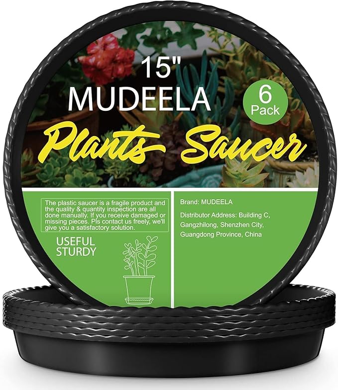 MUDEELA 6 Pack of 15 Inches Plant Saucers for Indoor, Durable Plastic Round Plant Tray Plant Dish Pant Plate to Catch Water for Flower and Plant Pot, Thicker, Stronger, Deeper, Black