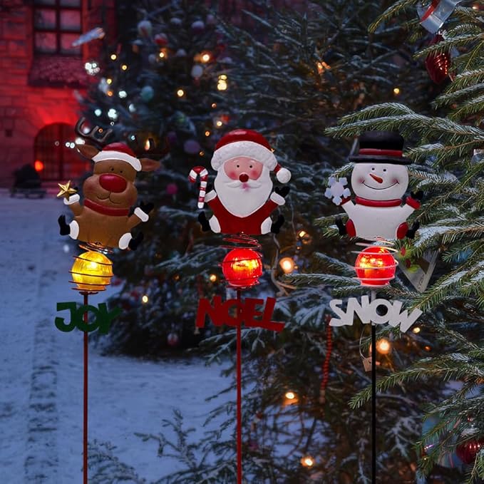 Christmas Solar Garden Lights,3 Pack Santa Claus Snowman Reindeer Solar Stake Lights,Xmas Figurine Lights for Yard Lawn Porch Holiday Decor for Women