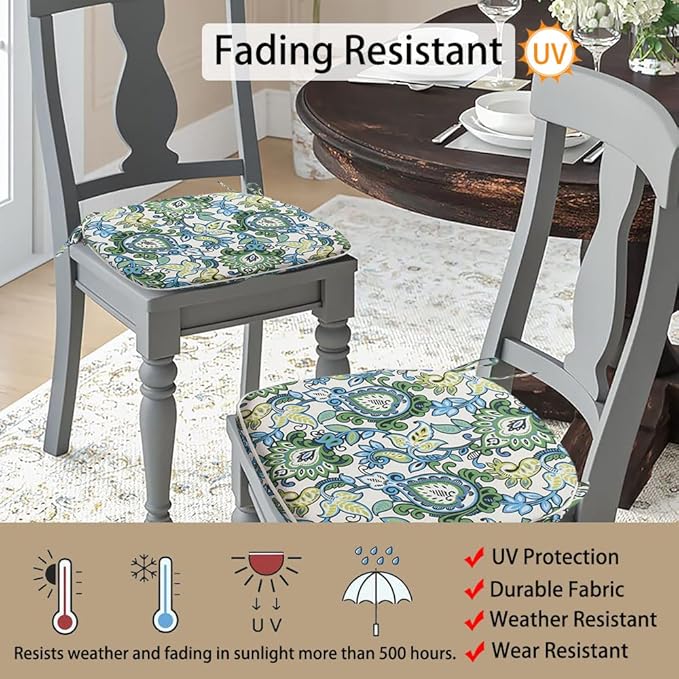 Magpie Fabrics Outdoor/Indoor 17"x16"x2" Chair Cushions with Ties Set of 2, Waterproof All Weather U-Shape Seat Pads Decoration for Patio Garden Furniture Home Office (Botanical Blue Green)