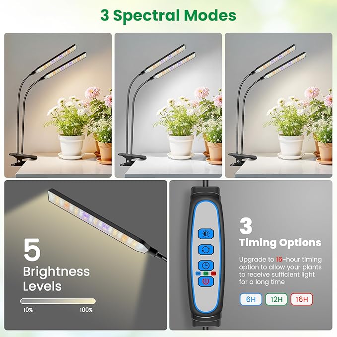 Grow Light Clip on 2 Pack, 228 LED Full Spectrum Plant Lights for Indoor Growing, 2 Head Black Arm Grow Lamp with Gooseneck, 6/12/16H Timer, 5 Dimming, 3 Light Mode