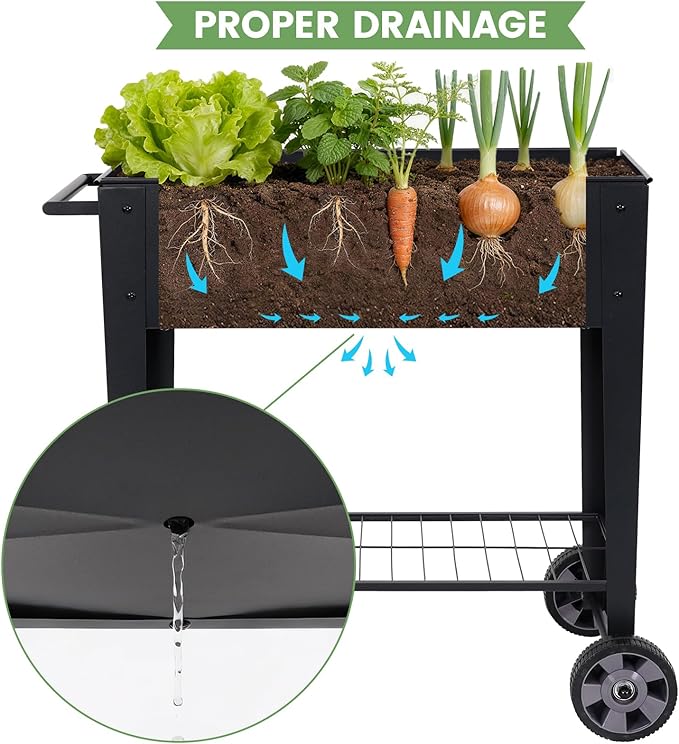 Tall Raised Garden Bed Outdoor with Wheels, Metal Elevated Raised Planter Box with Drainage Holes for Vegetables, Flower, Herbs(Black)