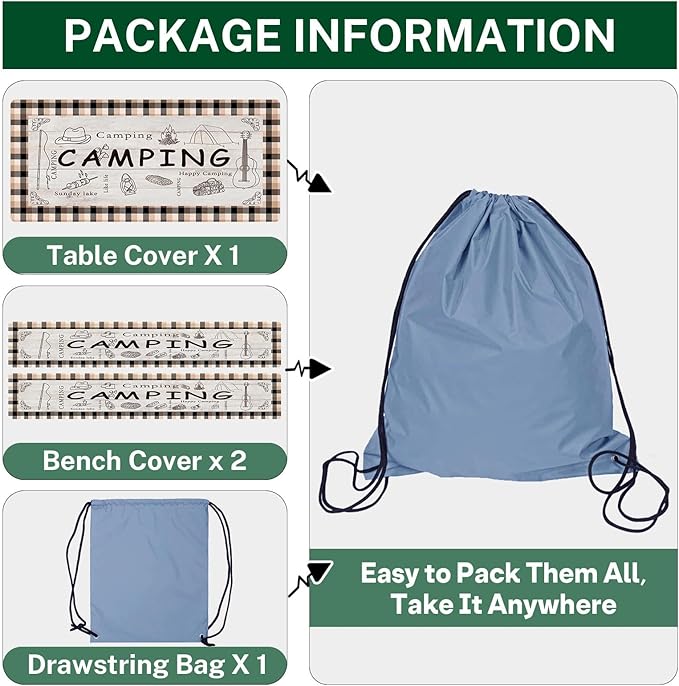 Picnic Table Cover with Bench Covers Elastic Edges, Green Camper Fitted Table Cover, Outdoor Patio Camping Essentials 72 Inch 3PCS, Waterproof Camping Fitted Tablecloth with Drawstring Bag