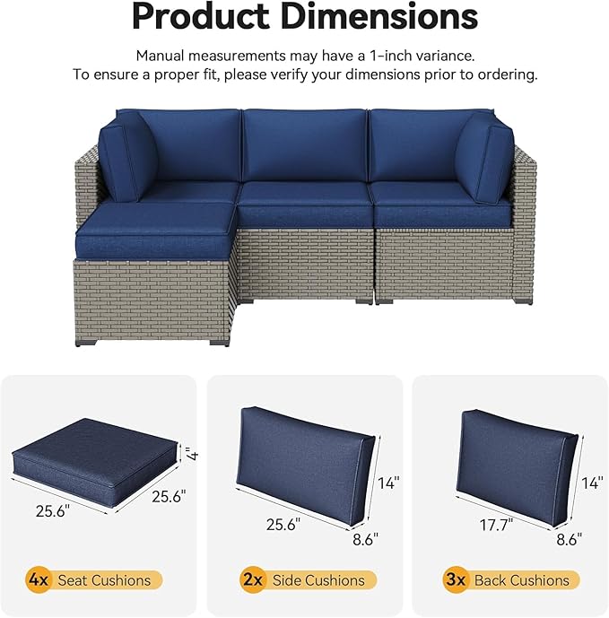 Aoxun Replacement Cushions for Outdoor Furniture, 9-Piece Outdoor Cushions for Patio Furniture, Deep Seat, Splash-Proof & Fade Resistant Couch Cushion for 4-Seat Patio Conversation Sets, Navy Blue