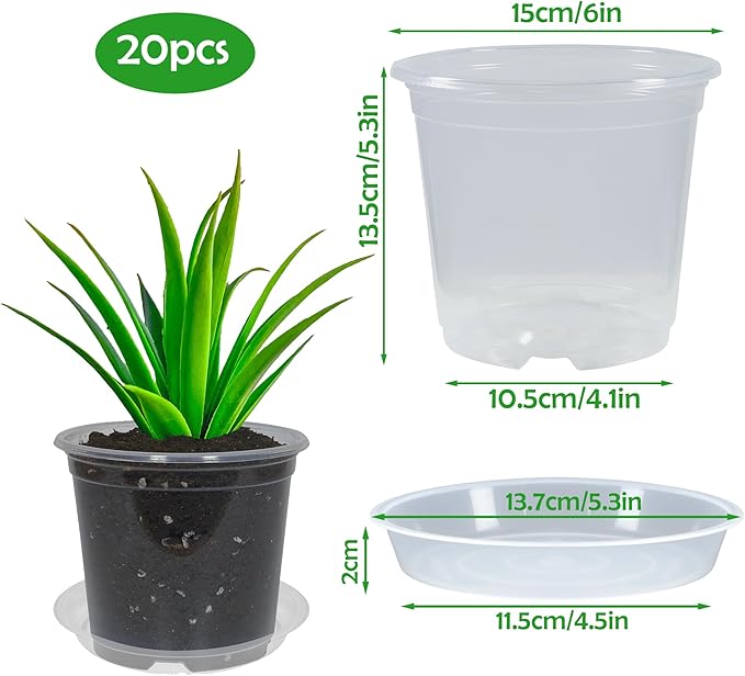 20 Pack 6 Inch Clear Nursery Pots with Drainage and 20 Pack Plant Saucers, Plant Pots for Plants Transparent Potting Containers for Plants Seeding Starter Pot (Clear, 6 Inch)