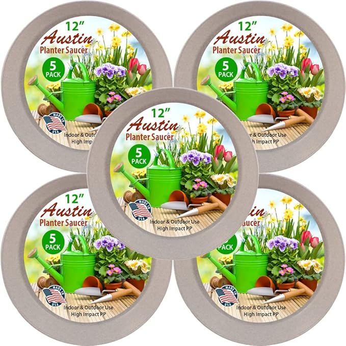 8 inch (6.3" Base) Case of 5 Plant Saucers - White Granite Colored Polypropylene,Heavy Duty Indoor/Outdoor Pan,Collects Flower Pot Drainage and Excess Water, Made in USA