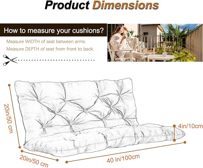 2-3 Seat Swing Replacement Cushion, Outdoor Bench Cushions with Backrest Thicken 4", Patio Furniture Garden Porch Loveseat Glider Pad Anti-Fading Waterproof (Brown, 40x40in)