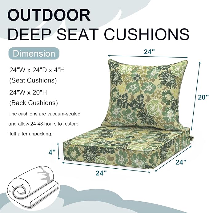 Outdoor Deep Seat Cushion Set, Water Repellent 24"x24" Patio Thick Cushions Replacement with Seat & Back Pillow for Patio Sofa, Wicker Chair, Couch - Green Rose