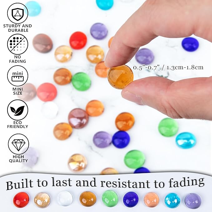 Meschett 50PCS Mini Glass Gems,Amber Mancala Stones Flat Bottom Marble Beads for Home Decorative Art Craft Vase Filler(0.5"~0.7")