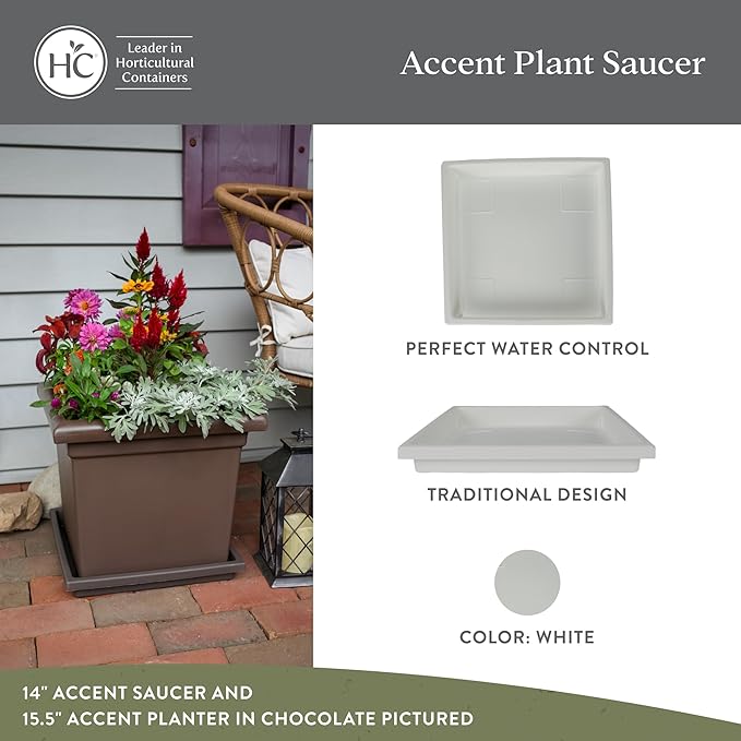 The HC Companies 14 Inch Accent Square Plant Saucer, Lightweight UV-Resistant Plastic Outdoor & Indoor Flower Pot Tray, 2-Pack Plant Pot Trays for Garden & Home Decor, White