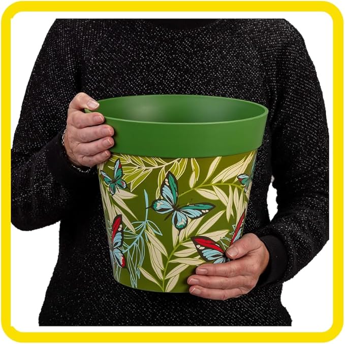 Hum Flowerpots, 10 inch Set of 3, Various Patterns Colors and Sizes, Indoor/Outdoor Plastic Plant Pots (Green Butterfly Palms)