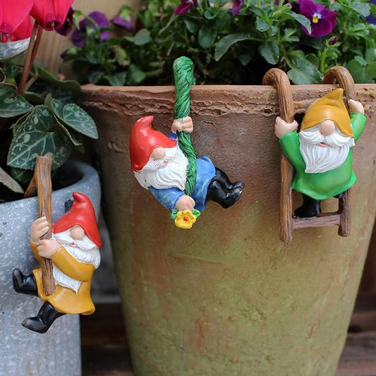 3PCS Cute Climbing Gnome Figurines Flower Pot Hugger, Resin Garden Gnomes Statue, Plant Decorations for Pots, Outdoor Decor Fence Ornaments for Patio Lawn Garden Yard (Multicolor)