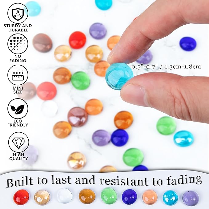50PCS Mini Glass Gems,Sea Blue Mancala Stones Flat Bottom Marble Beads for Home Decorative Art Craft Vase Filler(0.5"~0.7")
