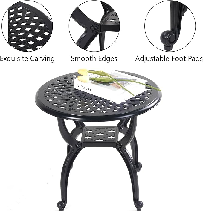 Mandolin Outdoor Patio,Rust -Resistant Cast Aluminum Side Table,Weather Resistant End Table，Coffee Table， Perfect for Patio, Backyard Or Garden.W 20.8" X H18.5(Aluminum Round, Black)