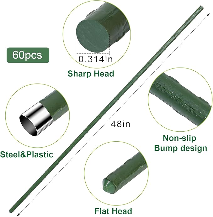 Tool Garden Stakes Kit Sturdy Green Plant Sticks Supports with Plastic Coat Plant Climbing Frame with Tie Set for Vegetable Tomato Outdoor Gardening Supplies (Green,4ft)