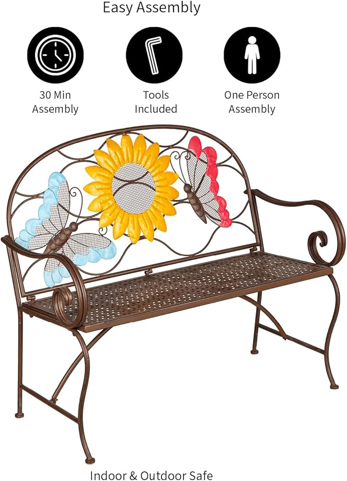 Evergreen Garden Sunflower Garden Bench Outdoors & Indoors | Cast Iron Metal Patio Bench | Outdoor Seating Furniture | Seats for Park, Porch, Deck, Yard