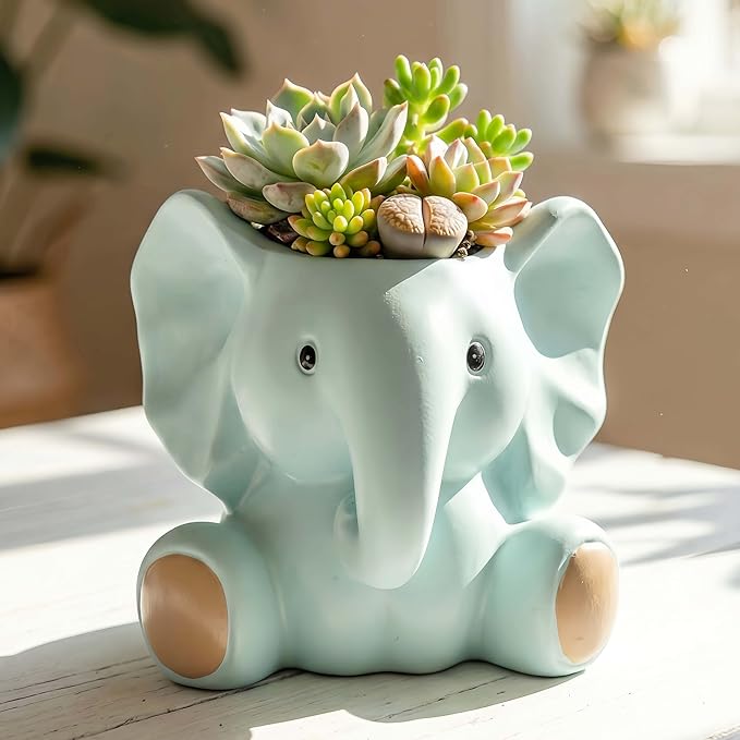 Small Plant Container | Unique Resin Flower Pot Sculpture | Succulent Flower Pot | White Elephant Gifts for Women | Perfect Plant & Elephant Gifts | Indoor & Outdoor Use (Blue)