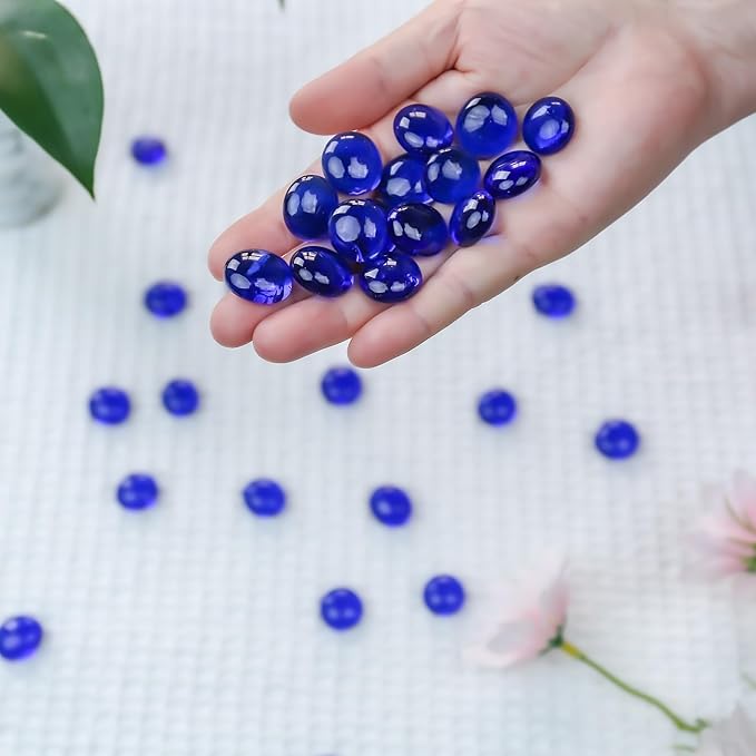 CYS EXCEL Cobalt Blue Glass Gemstone Beads Vase Fillers (2 LBS) Flat Marble Beads Multiple Color Choices Aquarium Decor Rocks Floral Stones Decorative Mosaic Glass Gem Pebbles