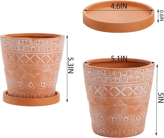Cedilis 2 Pack Terracotta Pots, 5 Inch Red Clay Planter Pots with Drainage and Saucers, Ceramic Pottery Succulent Planter, Garden Cactus Flower Planters with White Geometric Designs