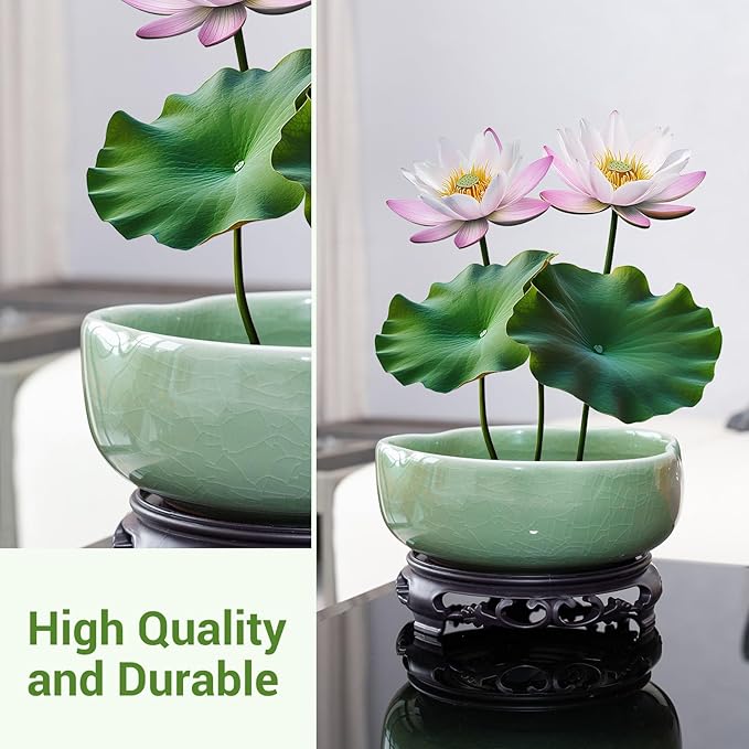 Green Ceramic Planters with Plastic Tray: 7.5" Hole-Free Lotus Bowl Planter for Hydroponic Water Lilies | Indoor/Outdoor Artistry Ice Crack Glaze Decorative Planter