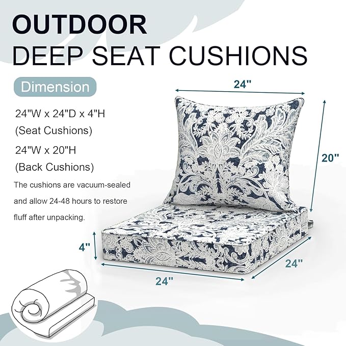 Outdoor Deep Seat Cushion Set, Water Repellent 24"x24" Patio Thick Cushions Replacement with Seat & Back Pillow for Patio Sofa, Wicker Chair, Couch - Damask Lapis