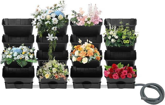 Vertical Wall Planter for Indoor Plant-Walls Mounted Pot with 4 Drainage Tray 16 Pack, with 6.56ft Drainage Pipe for Decor, Plastic Pots Balcony Planters, Plants Hanging (16, Black)