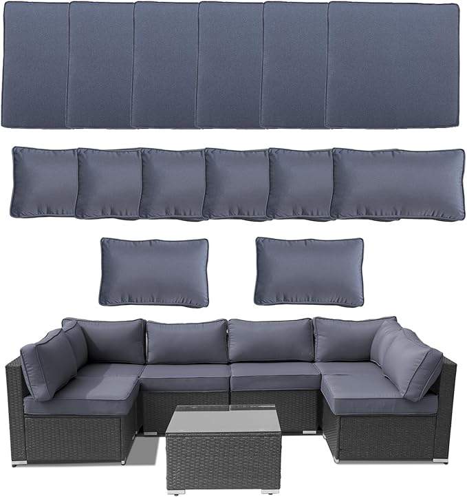 14Piece Outdoor Sofa Cushion Replacement Patio Furniture Waterproof Cushion with Zippers fit 6-Seat Outdoor Wicker Rattan Sectional Couch (Black Gray, 23.6"x23.6"x3.9")