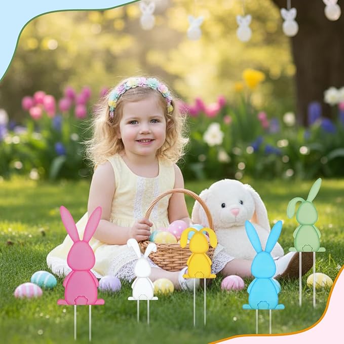 Pickmesh 6 Pcs 20" Easter Outdoor Decorations Easter Yard Sign Metal Bunny Yard Stake Multicolored Rabbits Barn Garden Stake for Planter Pot Spring Walkway Pathway Lawn Decor