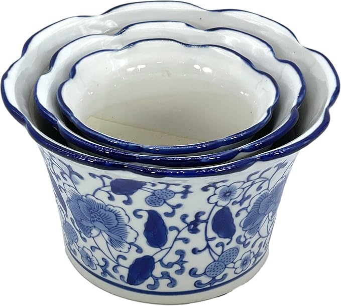 Galt International Blue & White Floral Porcelain Ceramic Decorative Flower Pot 8"/6"/4.5" Garden Pots Chinese Asian Design - Set of 3 Cylinder Fluted Edge