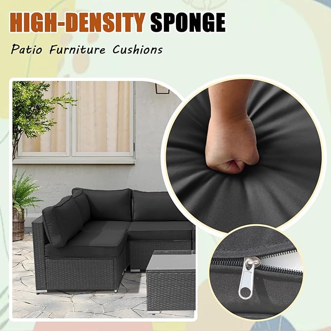14Piece Outdoor Sofa Cushion Replacement, Patio Furniture Waterproof Cushion with Zippers, fit 6-Seat Outdoor Wicker Rattan Sectional Couch (Black, 23.6"x23.6"x3.9")