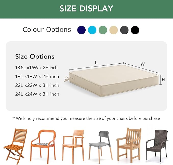 Outdoor Chair Cushions Set of 2: Waterproof & Fade Resistant Seat Cushion for Patio Furniture - 18.5 x 16 x 2 Inch Chair Pads with Ties and Hidden Zipper - Patio Chair Cushion Replacement, Beige